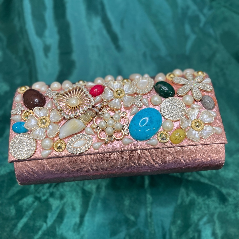 Stone & seashells bead ethnic evening bag clutch multicolor stones art
